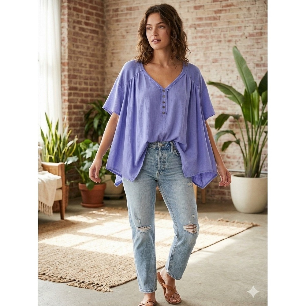 ODDI Periwinkle Blue Cotton Gauze Henley Top Oversized Boho Large